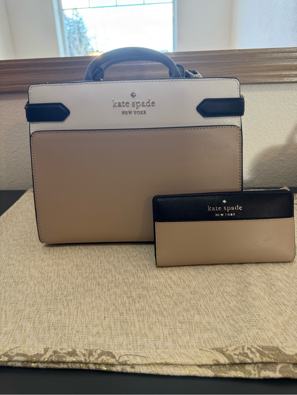kate spade Two-Tone Beige, Black & White Satchel with Matching Wallet